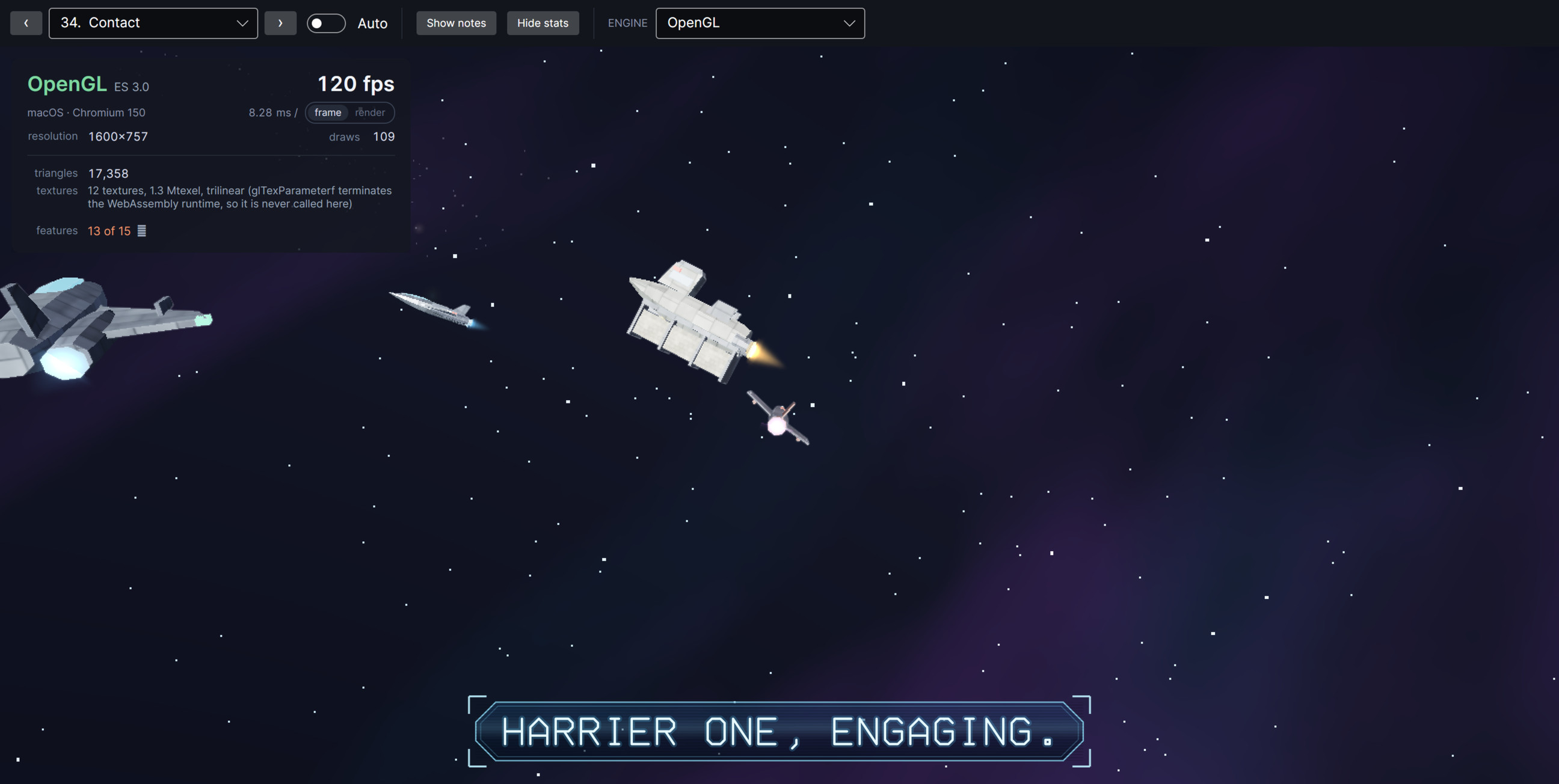 The demo running in a browser tab: the Contact film mid-engagement, an escort and a raider over a starfield with the caption Harrier one, engaging — the toolbar above it and a panel reporting OpenGL ES 3.0 at 120 frames per second and thirteen of fifteen features.