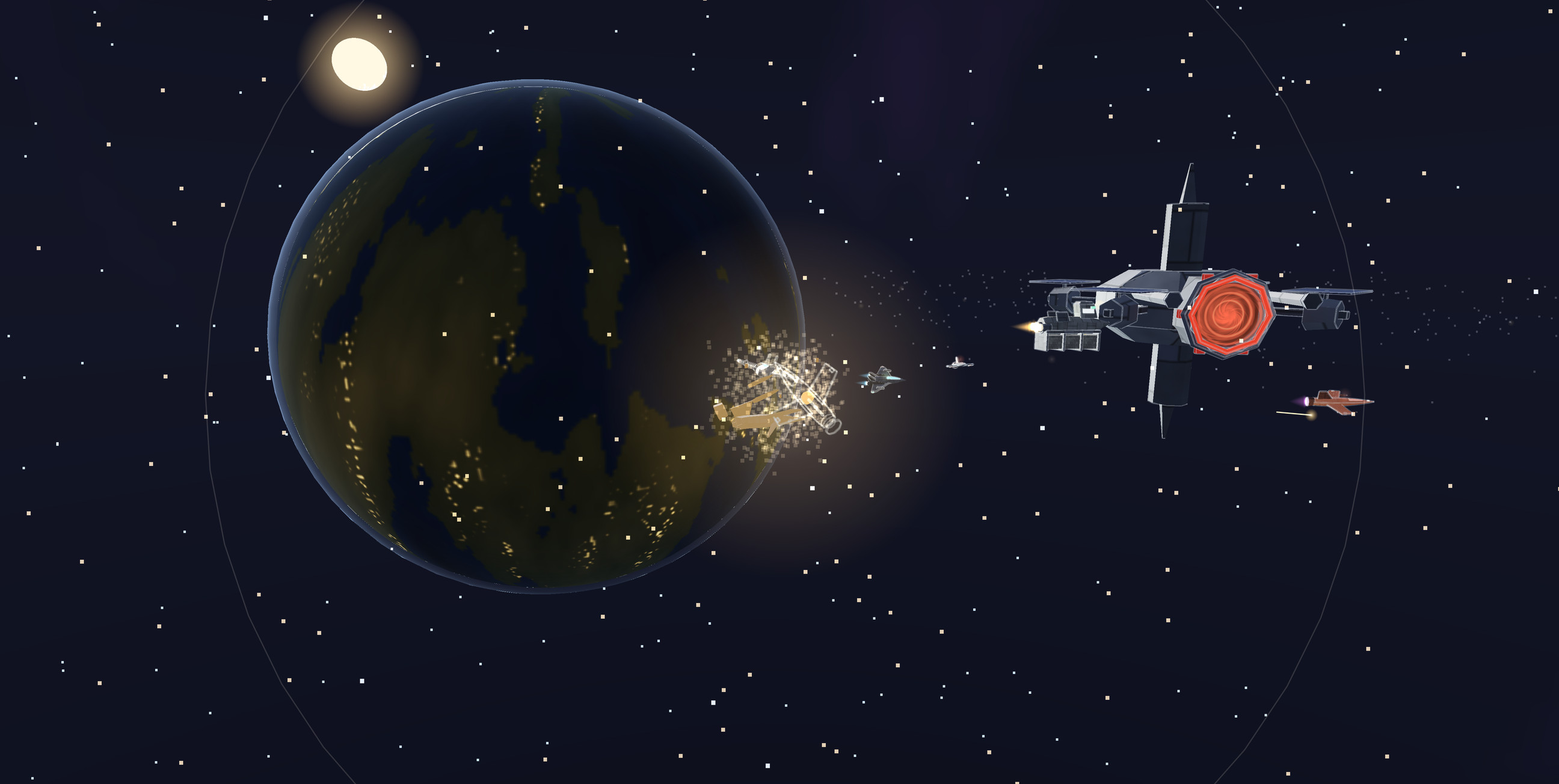 A raider exploding in orbit: a fireball, a shockwave ring and a debris burst over a planet with city lights on its night side, with a freighter, a station and a starfield.