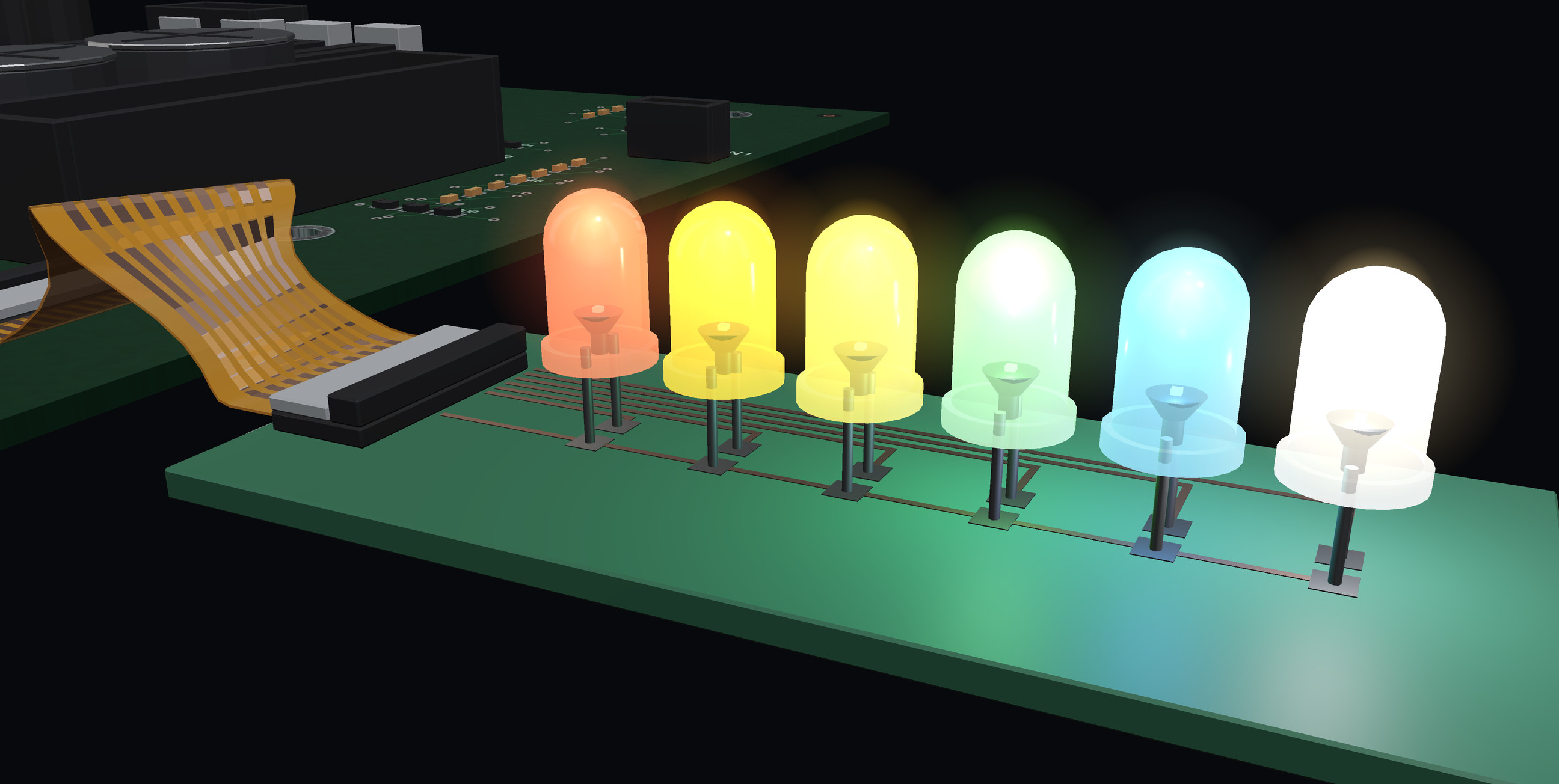 Six lit indicator LEDs in a row on a small green board — red, amber, yellow, green, blue and white domes glowing, with an orange flex cable running off to the left.