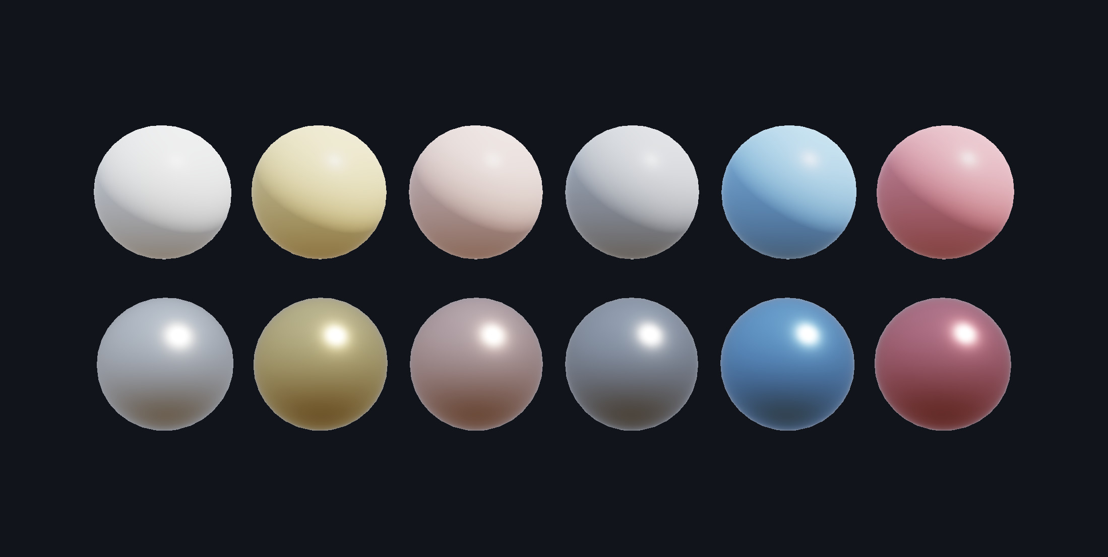 Two rows of spheres in six colours: matte above, metallic below.