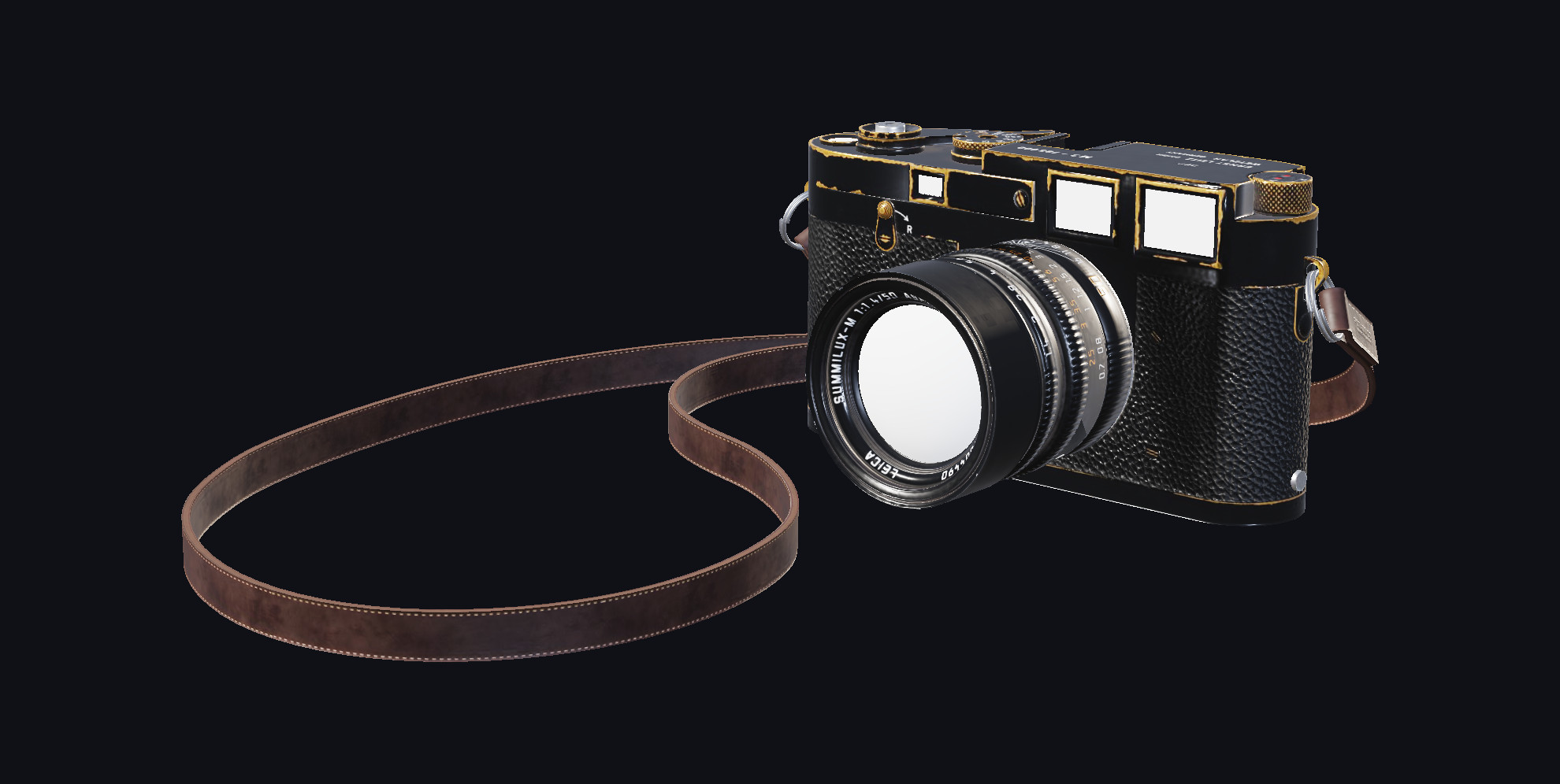 A black rangefinder camera with a leather strap, lit from three sides against a dark background.