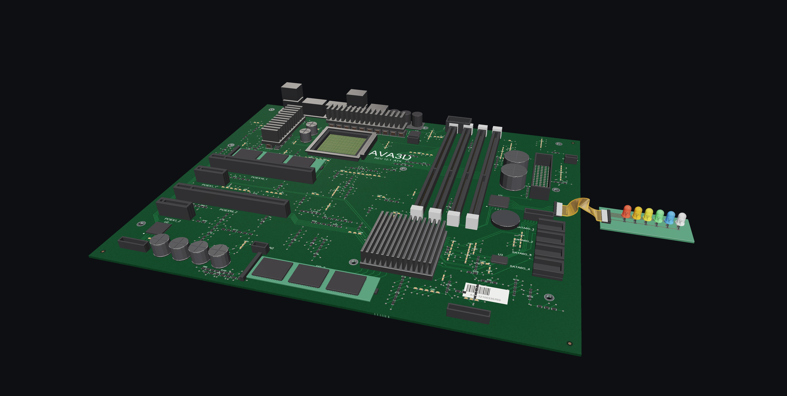 A green ATX motherboard seen from above at an angle: heatsinks, memory slots, an M.2 module and hundreds of small parts, with a narrow indicator board beside it joined by an orange flex cable.