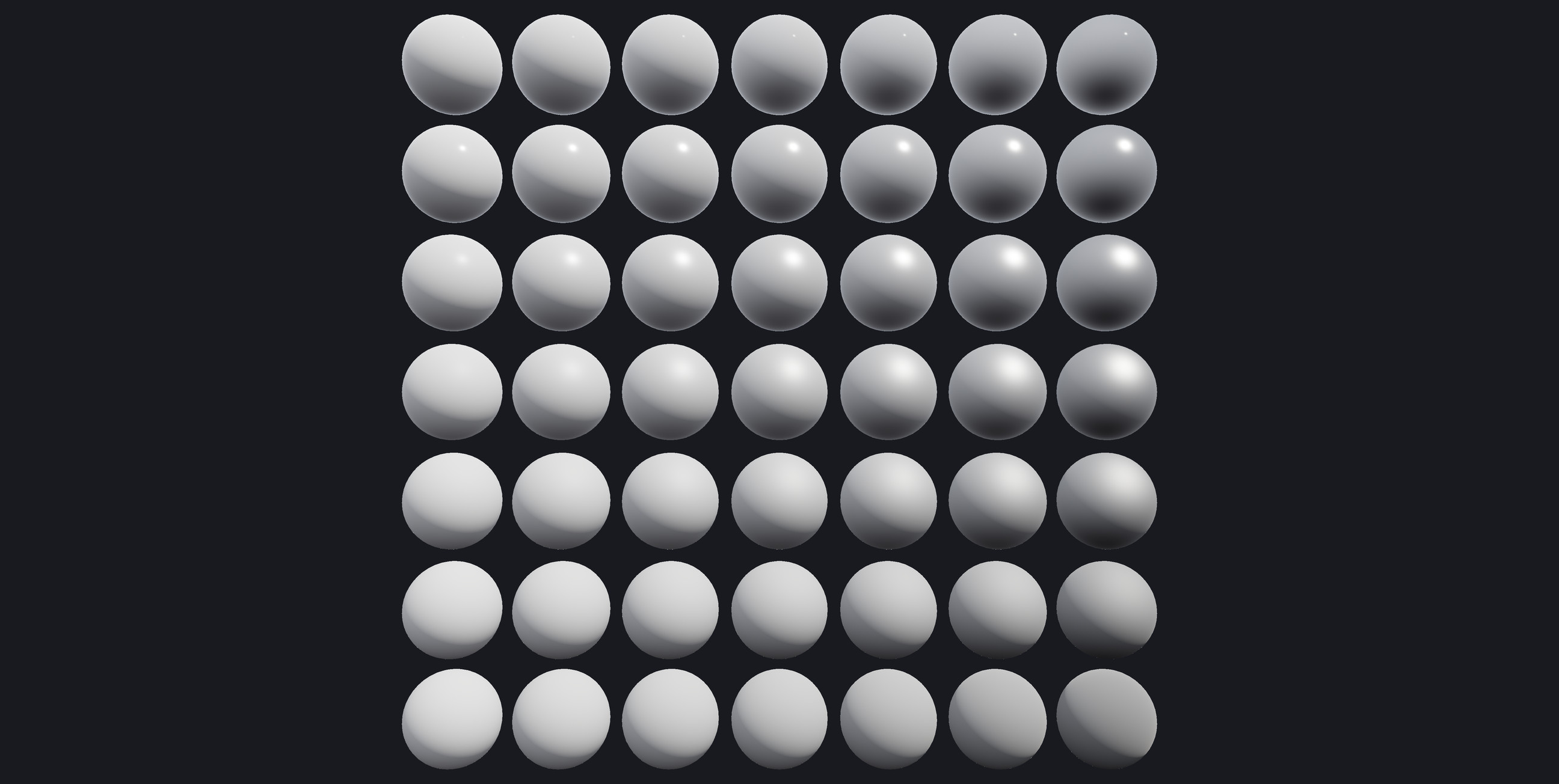 A 7 by 7 grid of spheres, metallic increasing left to right, roughness increasing top to bottom.