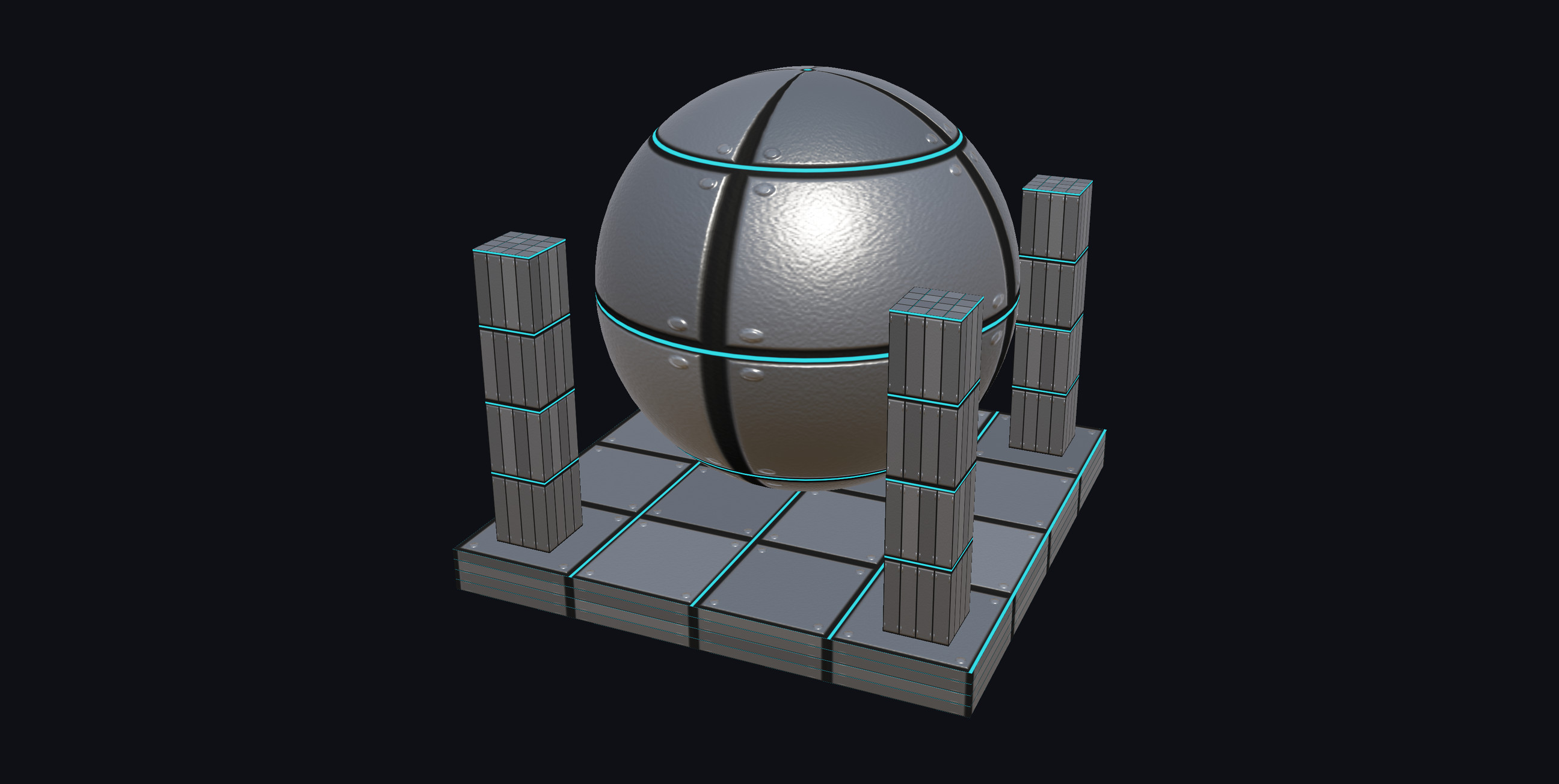 A panelled metal sphere with rivets and glowing cyan seams, standing on a tiled plinth between four pillars.
