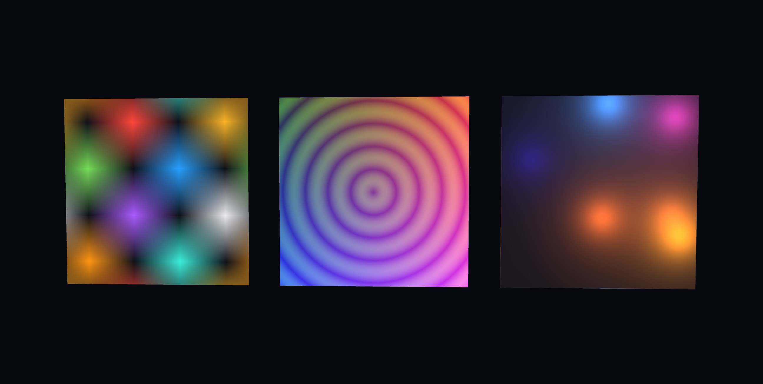Three glowing panels: a sixteen-pixel grid magnified, concentric rainbow rings, and a soft field of coloured lights.