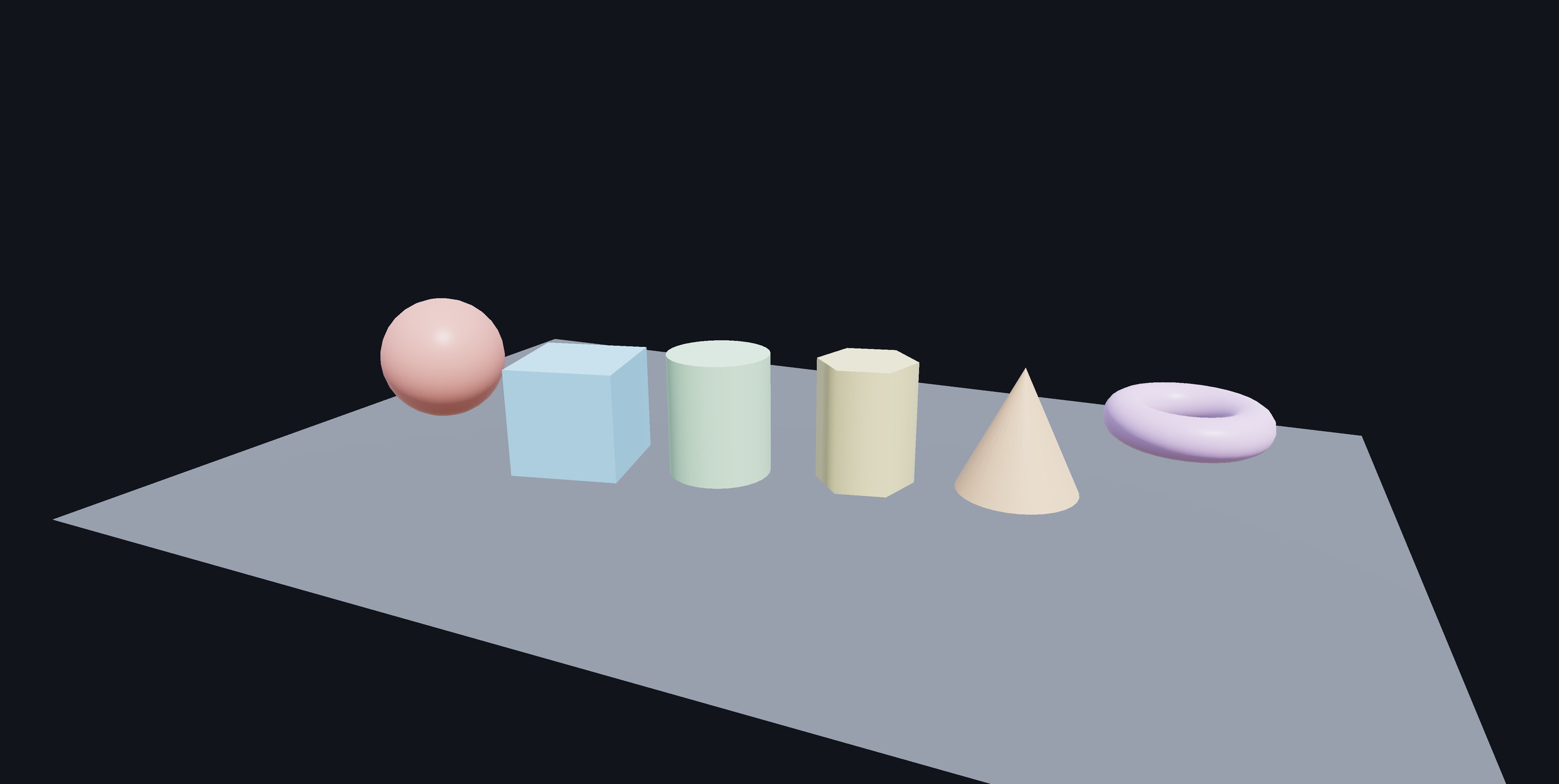 A sphere, a cube, a cylinder, a second cylinder, a cone and a torus in a row on a ground plane.