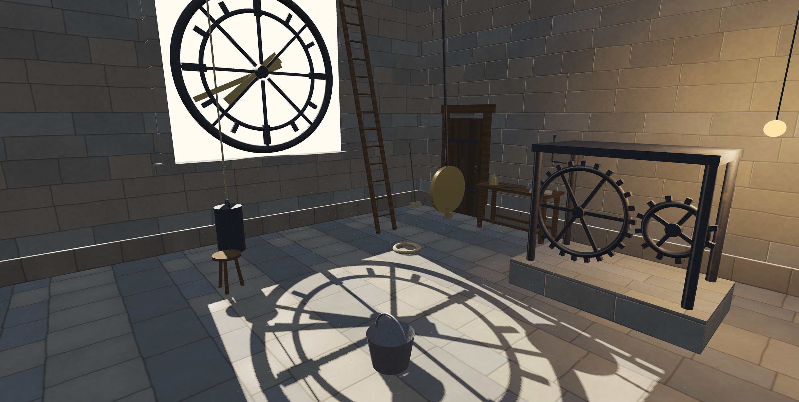 The back of a tower clock: afternoon sun through the dial draws its ring, spokes and hands across a flagstone floor, with a bucket, a stool and a ladder standing in the light and a lantern over the wheels in the dark half of the room.