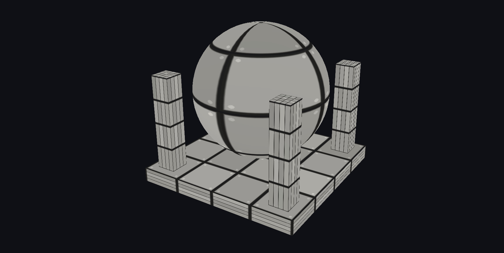The same panelled sphere and plinth rendered by the CPU fallback, showing base colour but no maps.