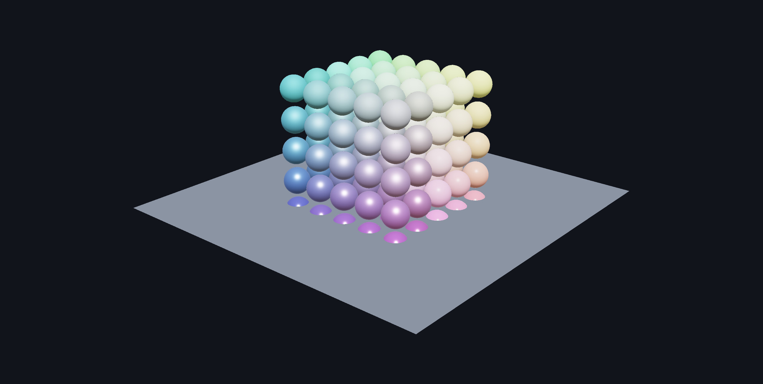 A five by five by five grid of coloured spheres above a ground plane.