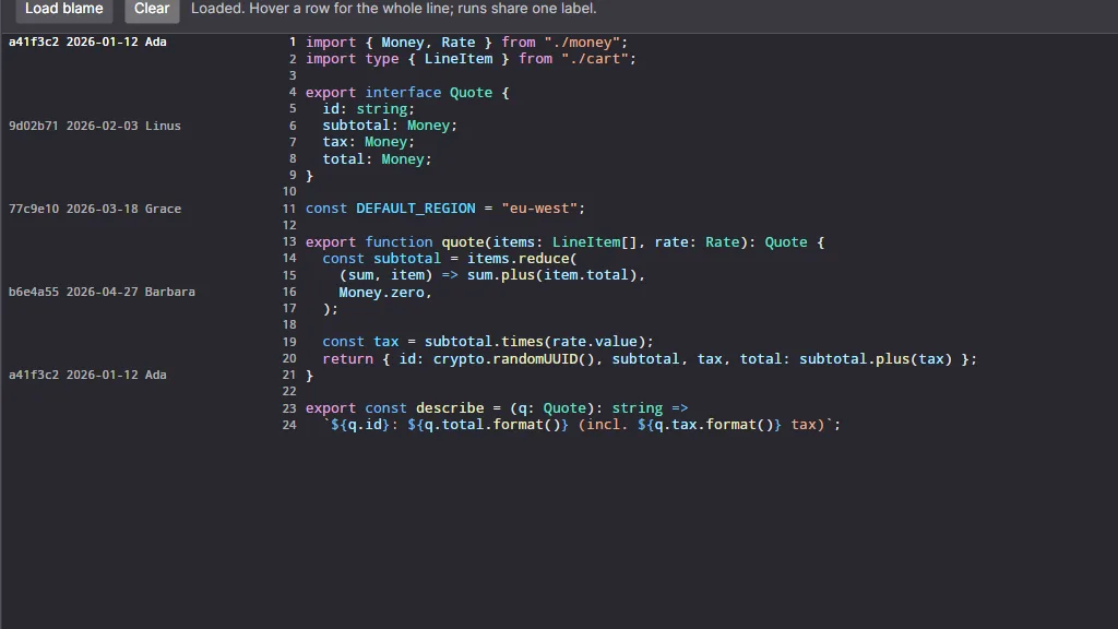 A blame column beside the code, one label per run of lines from the same commit