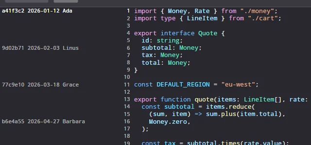 A blame column showing commit, date and author beside the code