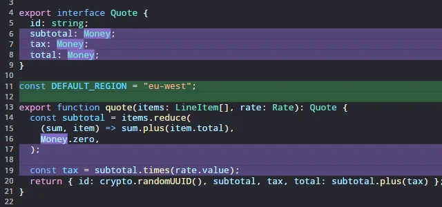 Coloured bands behind changed lines and highlights inside them
