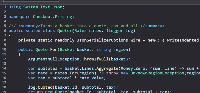 C# highlighted by a TextMate grammar chosen from the file name