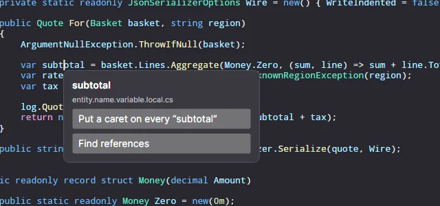 A popover anchored to a word, listing actions for what is under the pointer