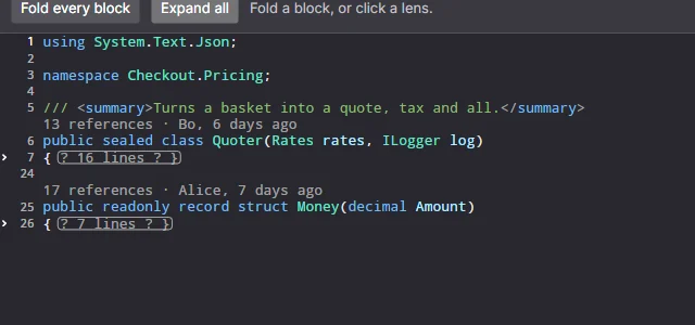 Folded regions showing a placeholder, with CodeLens rows above declarations
