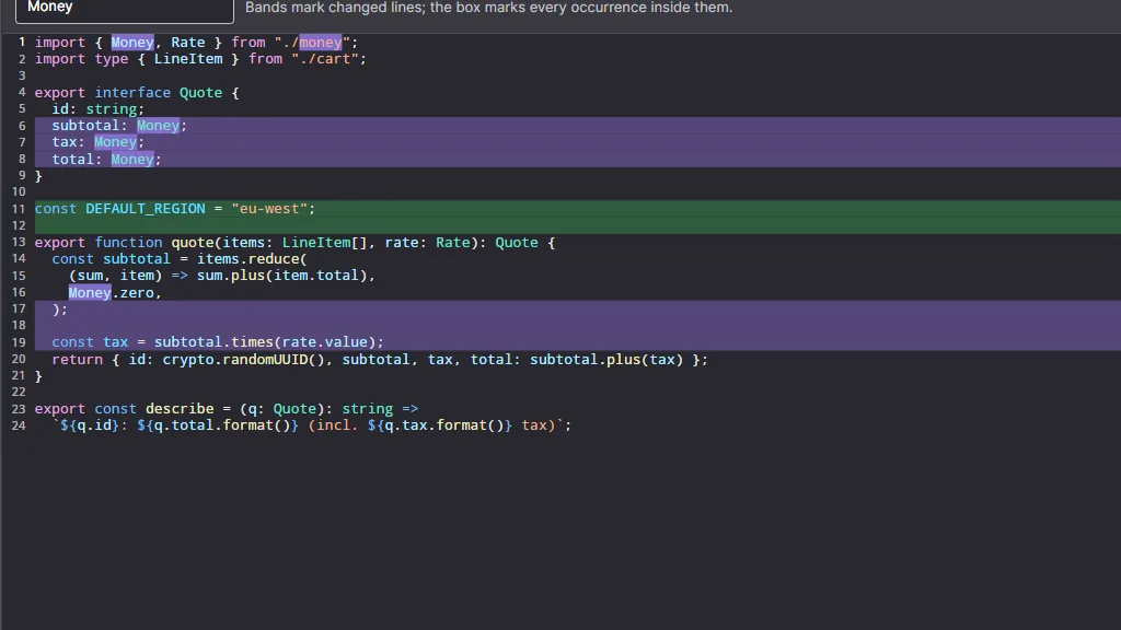 Coloured bands behind changed lines, with every occurrence of a word highlighted inside them