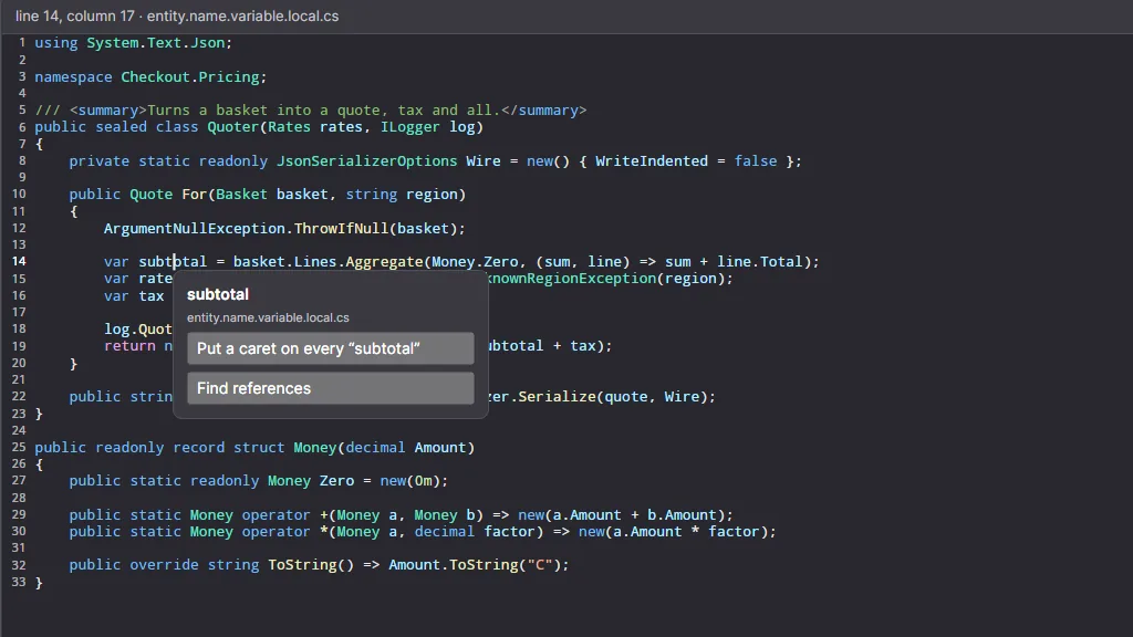 A popover anchored to a word, offering actions based on the syntax scope under the pointer
