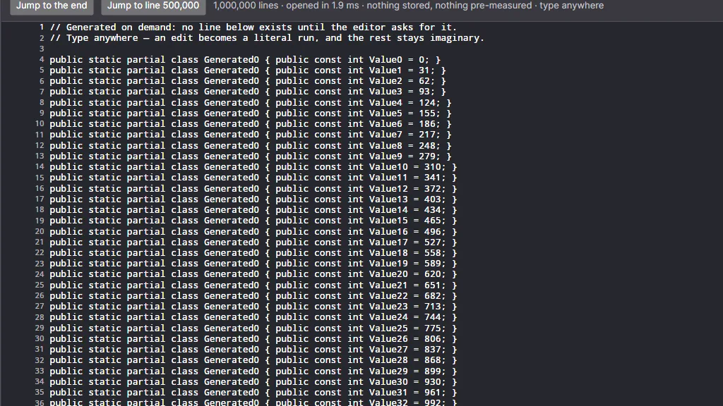 A million-line document open, with the status line reading opened in 4 ms