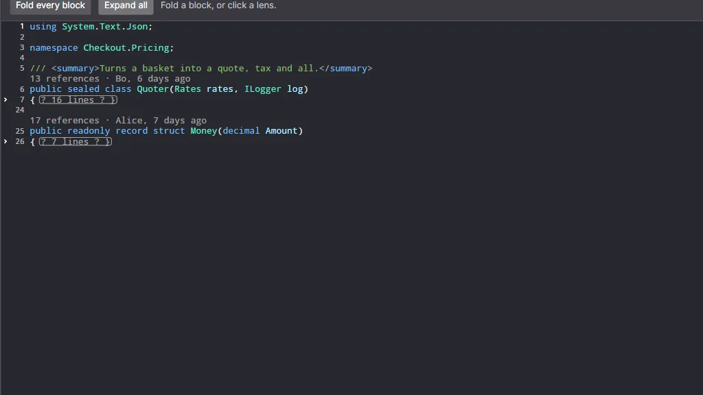 Folded regions with placeholders, and CodeLens rows above each declaration