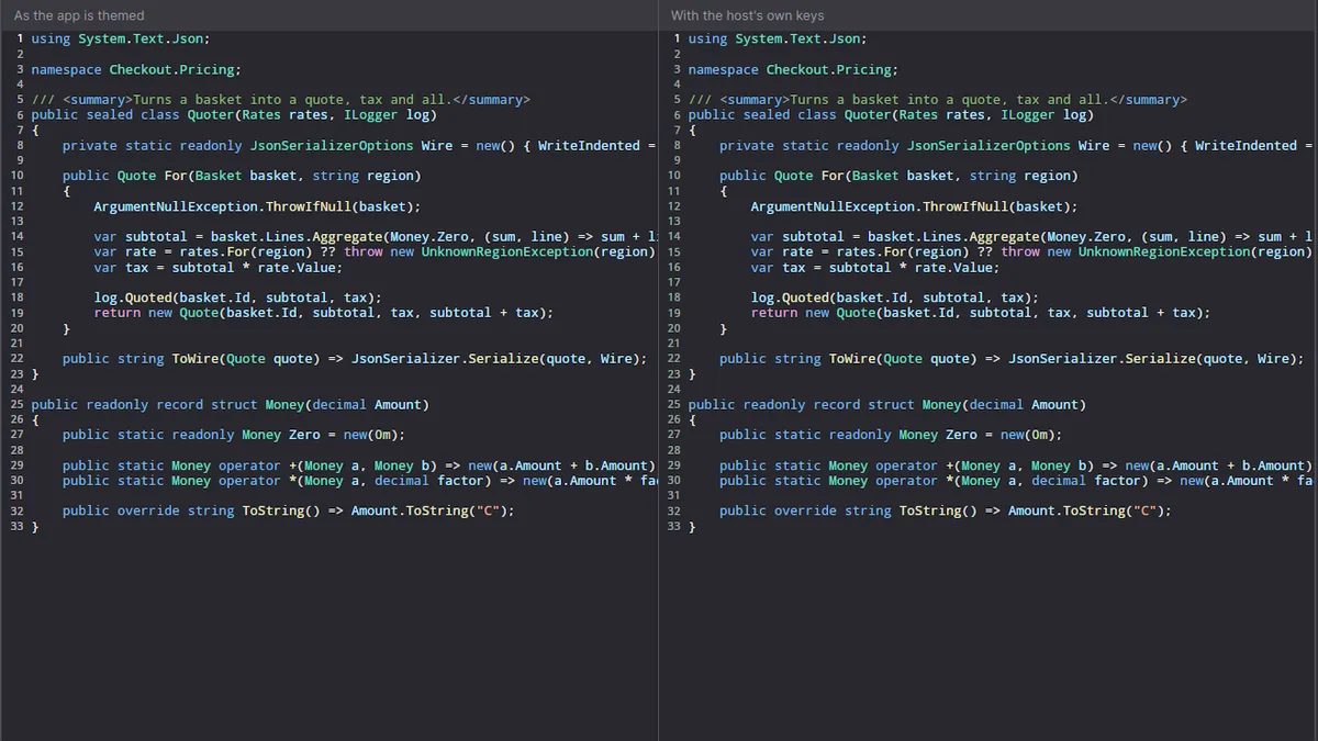 The same document twice: once in the app's theme, once with the host's own selection and caret colours